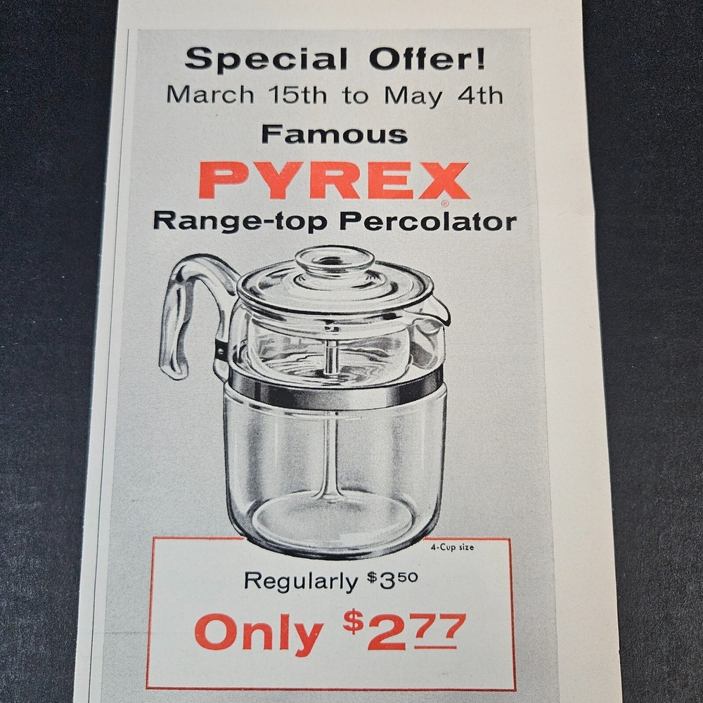 1957 Pyrex Range-Top Percolator Vintage Print Ad Corning NY Glass Works Coffee